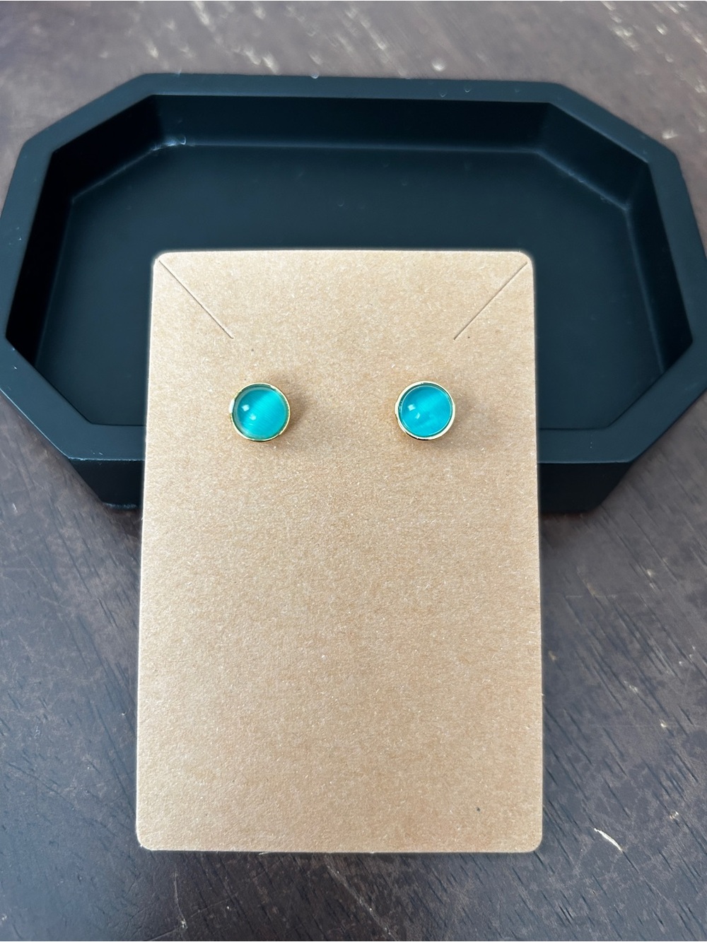 Gold-Trim Teal Stud Earrings - Women Jewelry